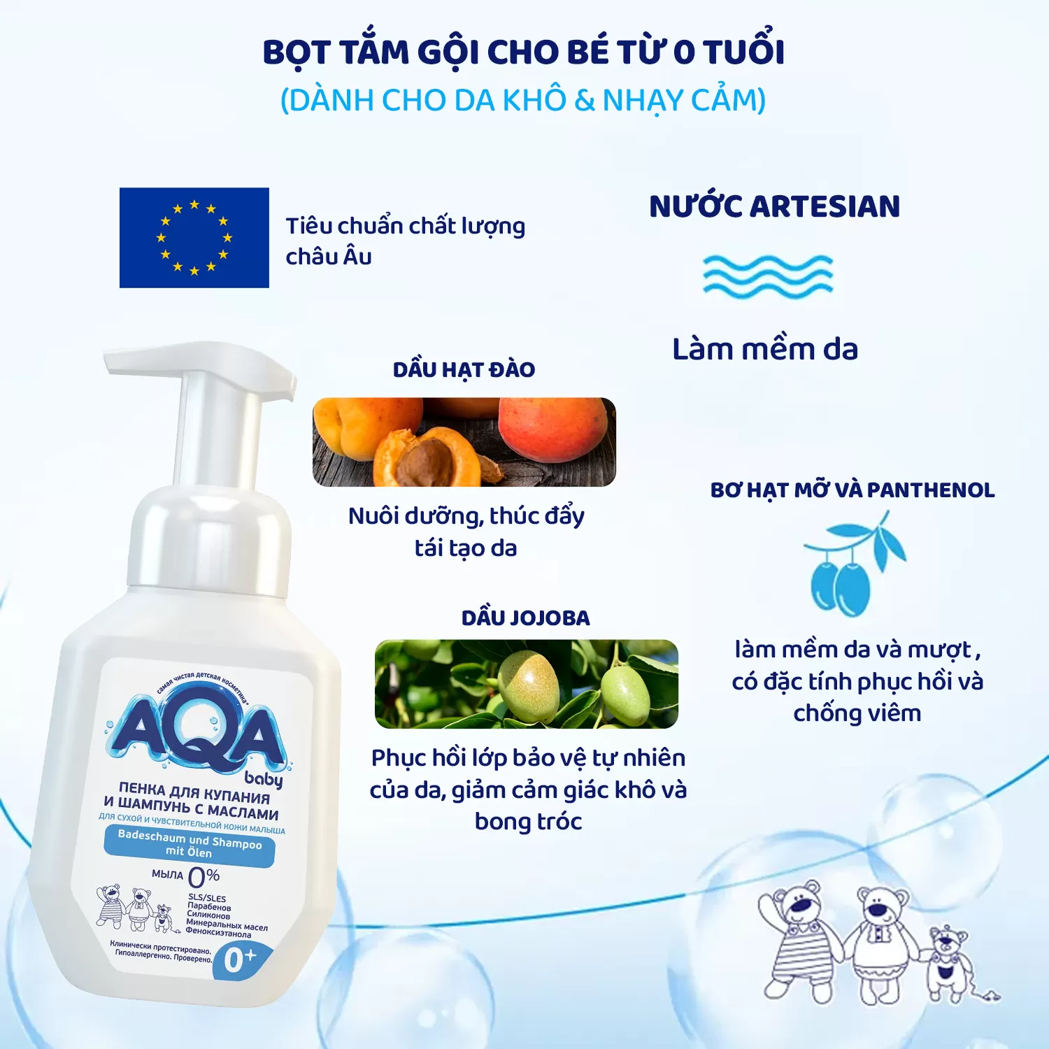 Bọt tắm cho bé từ 0 tuổi (Dành cho da khô & nhạy cảm) - AQA Baby 250ml