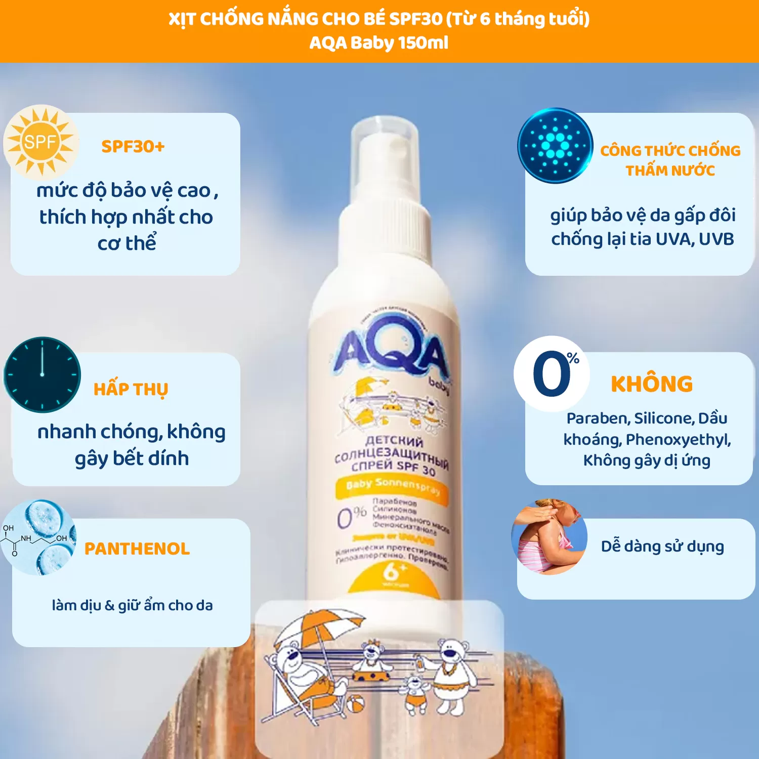 Xịt chống nắng cho bé SPF50 (Từ 6 tháng tuổi) - AQA Baby 150ml