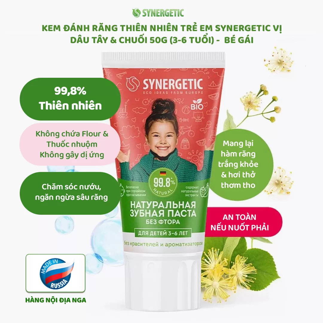 KEM ĐÁNH RĂNG  THIÊN NHIÊN TRẺ EM SYNERGETIC VỊ DÂU TÂY & CHUỐI 50G (3-6 TUỔI) - BÉ GÁI