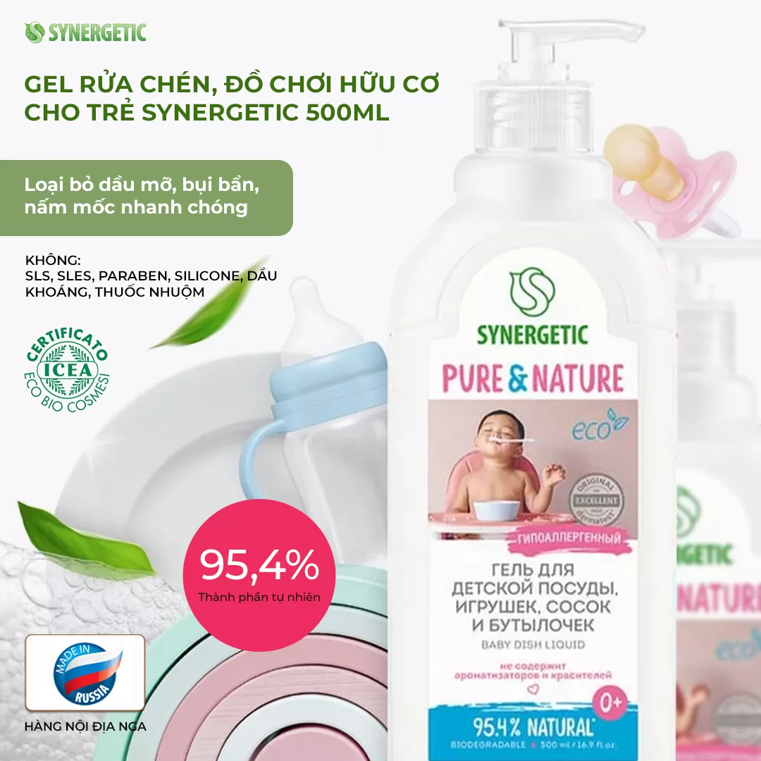 GEL RỬA CHÉN BÁT VÀ ĐỒ CHƠI TRẺ EM HỮU CƠ SYNERGETIC - 500ML