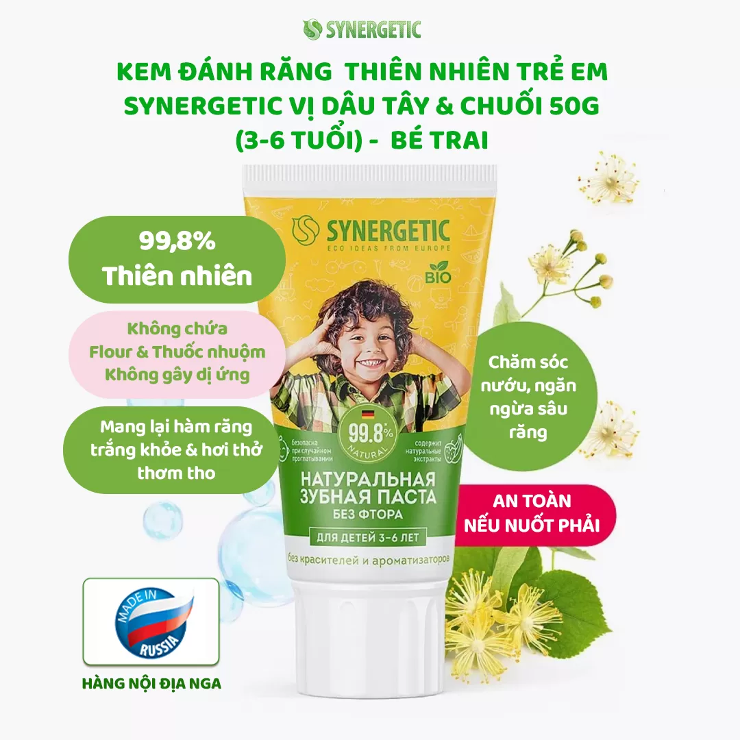 KEM ĐÁNH RĂNG  THIÊN NHIÊN TRẺ EM SYNERGETIC VỊ DÂU TÂY & CHUỐI 50G (3-6 TUỔI) - BÉ TRAI
