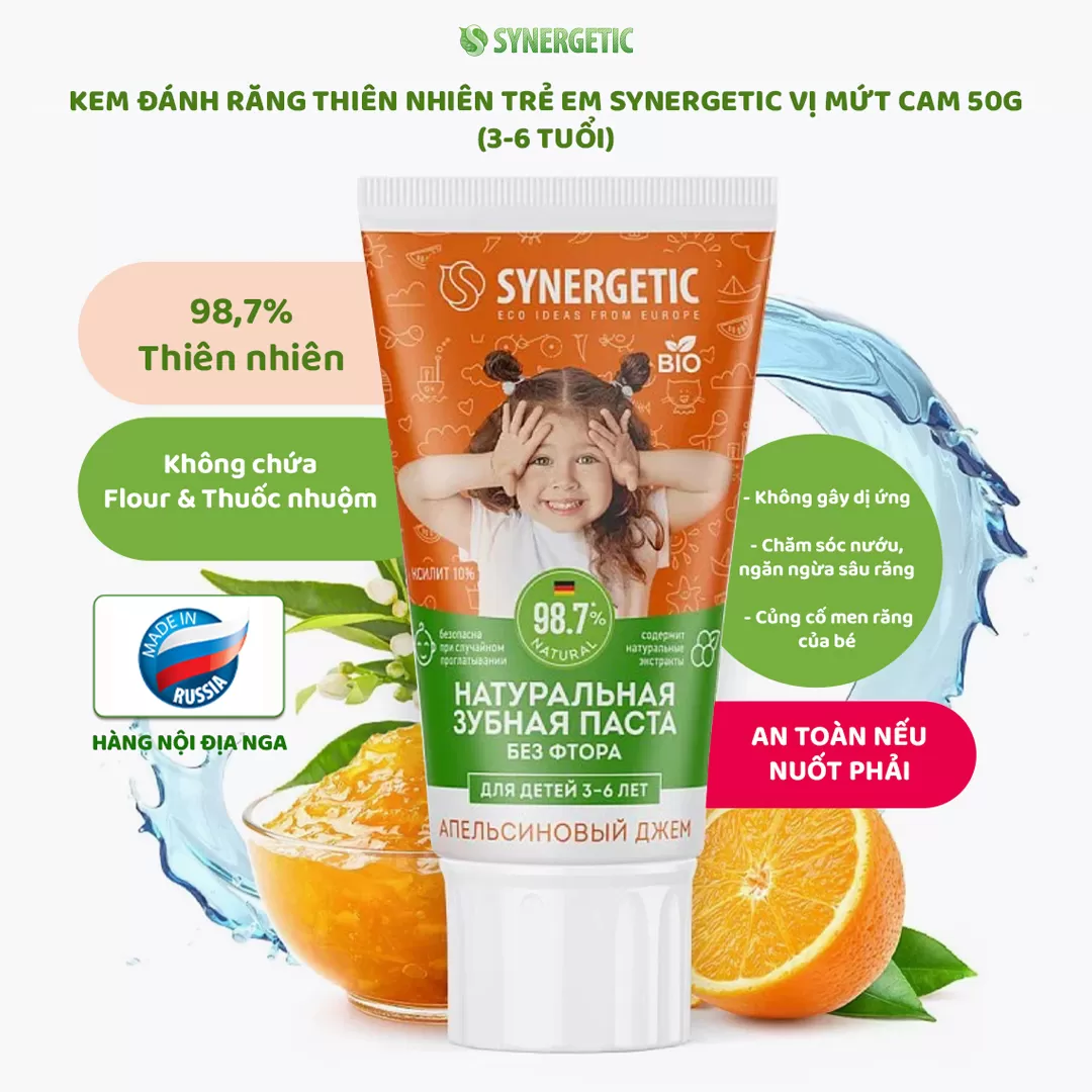 KEM ĐÁNH RĂNG  THIÊN NHIÊN  TRẺ EM SYNERGETIC VỊ MỨT CAM 50G (3-6 TUỔI)